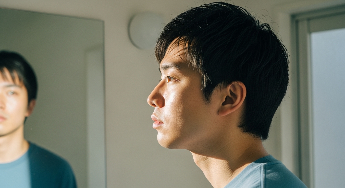 鏡の前でTゾーンのテカリを気にする20代男性（朝の自然光）